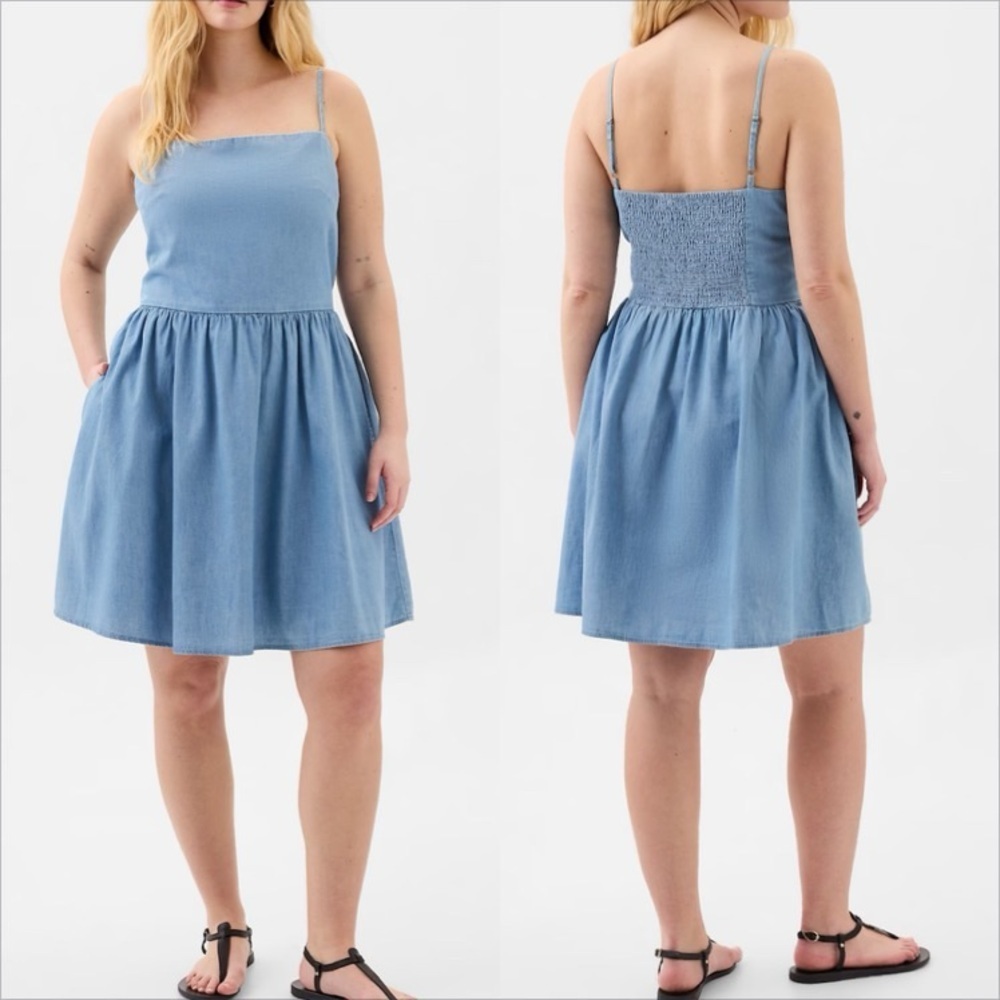 Gap light wash denim chambray square neck spaghetti strap mini‎ dress